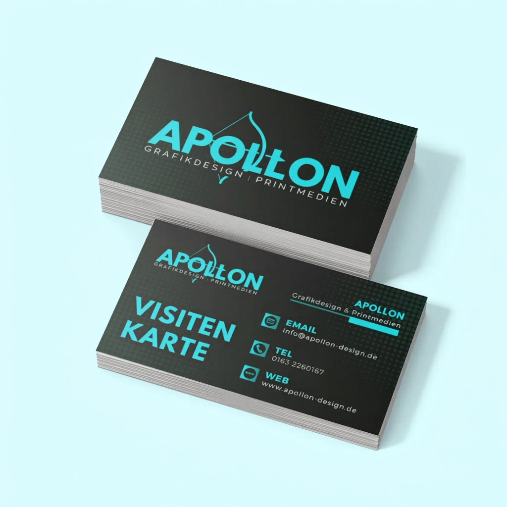 Apollon Visitenkarten in Dunkelgrün mit Cyan-Logo